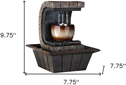 HomeRoots 10 Inch Brown Textured Polyresin Tabletop Fountain with LED Light