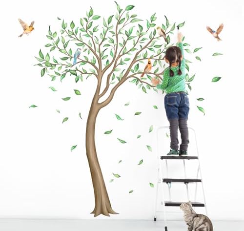 Large Green Tree Wall Decals with Falling Leaves Birds