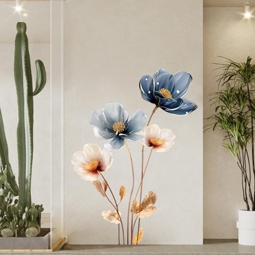 Gold Leaf Blue Flower Wall Decal for Home Decor