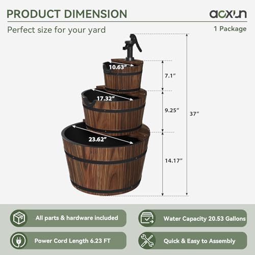 Aoxun 3-Tier Wood Barrel Water Fountain with Electric Pump
