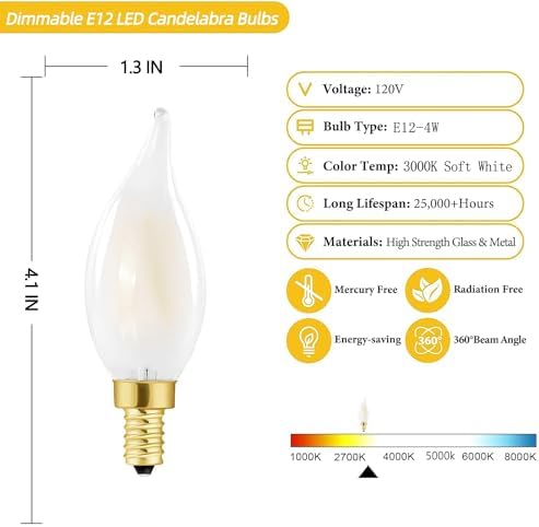 LED Frosted Candelabra Bulbs 4W 6 Pack Dimmable Soft White 3000K