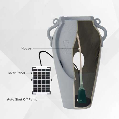 XBrand 34 Inch Solar Pot Fountain with Amphora Design Gray