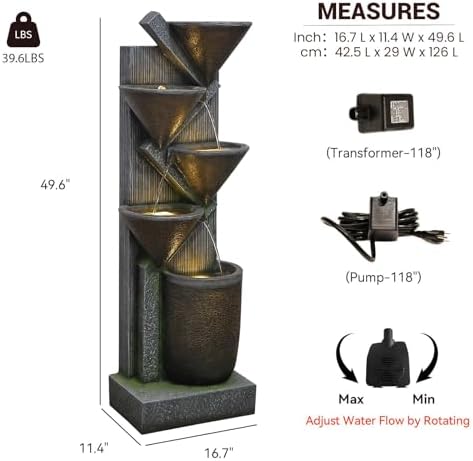 496 H Brown Outdoor Water Fountain with LED Lights and Pump