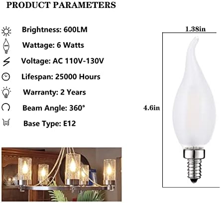 Frosted LED Candelabra Bulbs 6 Pack 6W Dimmable 3000K Soft White