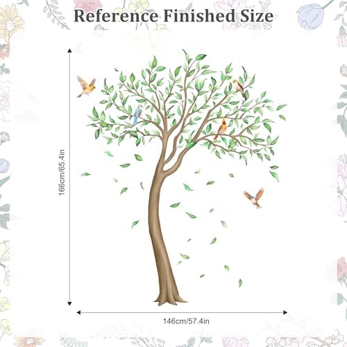 Large Green Tree Wall Decals with Falling Leaves Birds