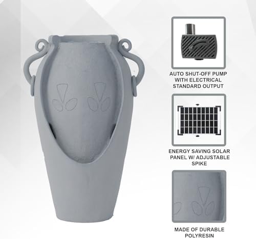 XBrand 34 Inch Solar Pot Fountain with Amphora Design Gray