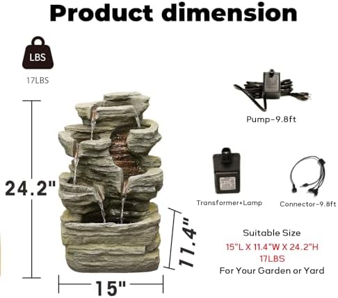 Bumilgar 242 Inch Freestanding Rock Waterfall Fountain with Lights