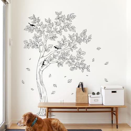Large Sketch Tree Wall Decals Black Falling Leaves Birds Wall Sticker