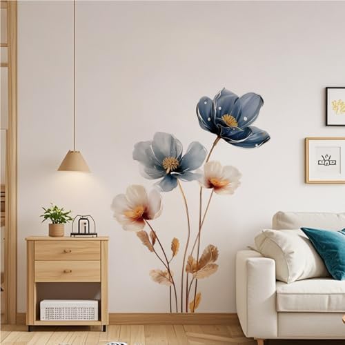 Gold Leaf Blue Flower Wall Decal for Home Decor