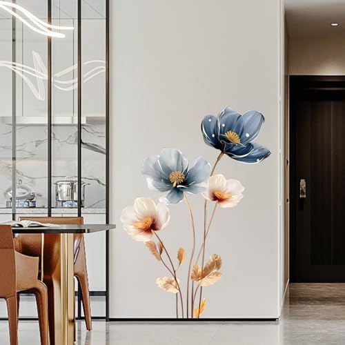 Gold Leaf Blue Flower Wall Decal for Home Decor