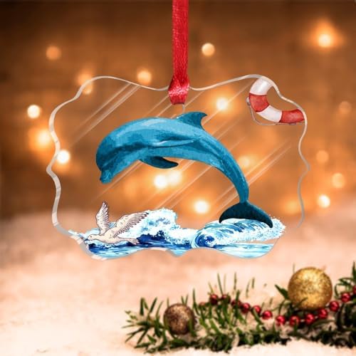 Coastal Dolphin Christmas Ornament Acrylic with Wave Buoy Design