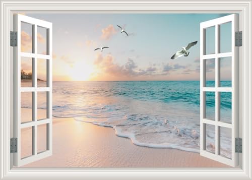 Fake Window Wall Decal Summer Beach Seascape Set of 2