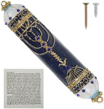 Blue Hand Painted Mezuzah with Scroll for Door