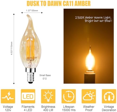 Qualilux Dusk to Dawn Candelabra LED Bulbs 6-Pack CA11 E12