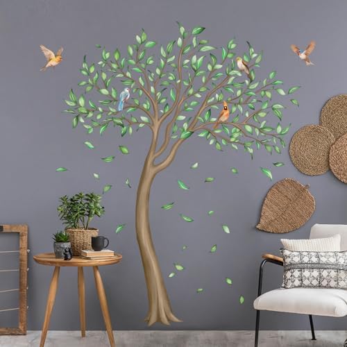 Large Green Tree Wall Decals with Falling Leaves Birds