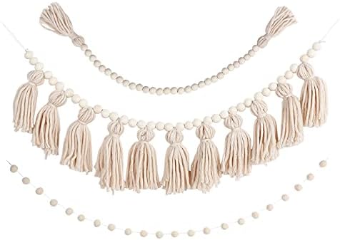 3 Piece Boho Tassel Garland with Wood Beads and Pom Poms