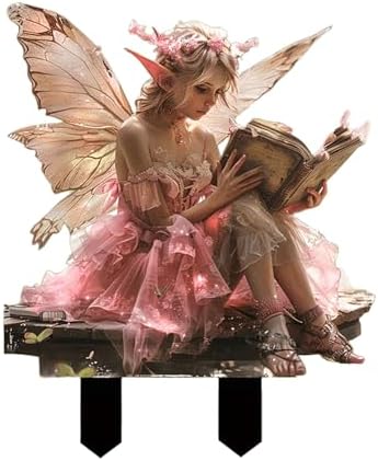 Fairy Garden Stake Decor Panel - Pink Fairy Reading a Book