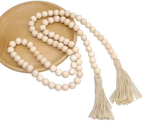 58-Inch Natural Wooden Bead Garland with Tassels