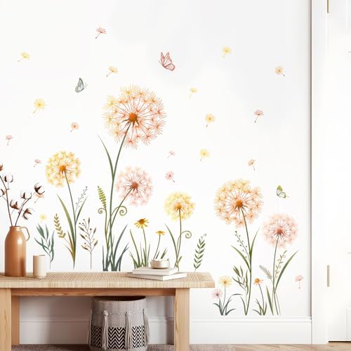 Gold Dandelion Flower Butterfly Wall Decals