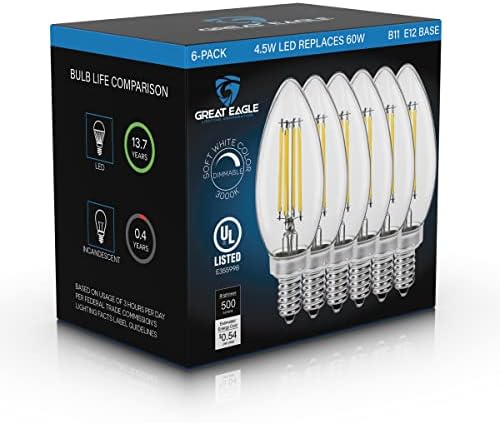 Great Eagle Candelabra B11 LED 3000K 60W 500 Lumens 6 Pack