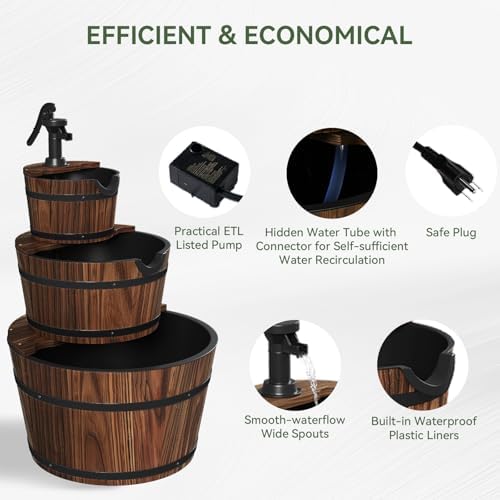 Aoxun 3-Tier Wood Barrel Water Fountain with Electric Pump
