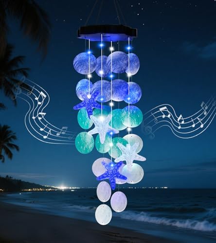 Solar Wind Chime with Blue Shells for Garden Decor