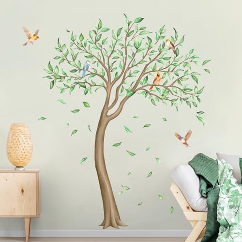 Large Green Tree Wall Decals with Falling Leaves Birds