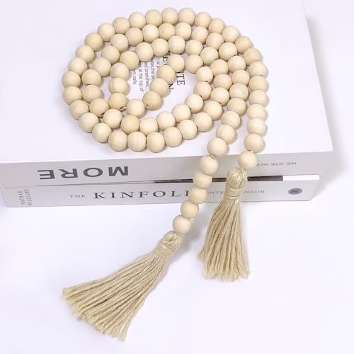 58-Inch Natural Wooden Bead Garland with Tassels