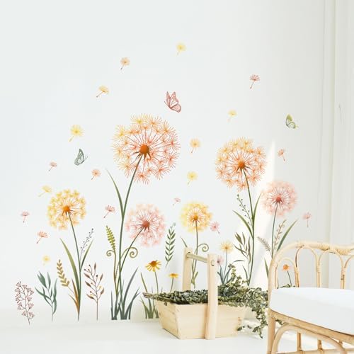 Gold Dandelion Flower Butterfly Wall Decals