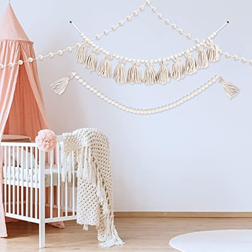 3 Piece Boho Tassel Garland with Wood Beads and Pom Poms