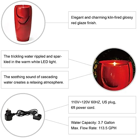 Glitzhome Oversized Ceramic Fountain with LED Light and Pump Red