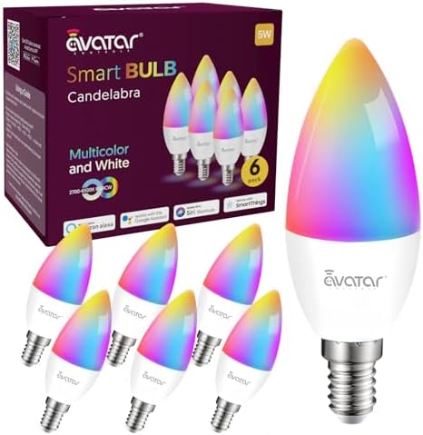 6 Pack E12 RGB Smart LED Candelabra Bulbs with Alexa Google Home Compatibility