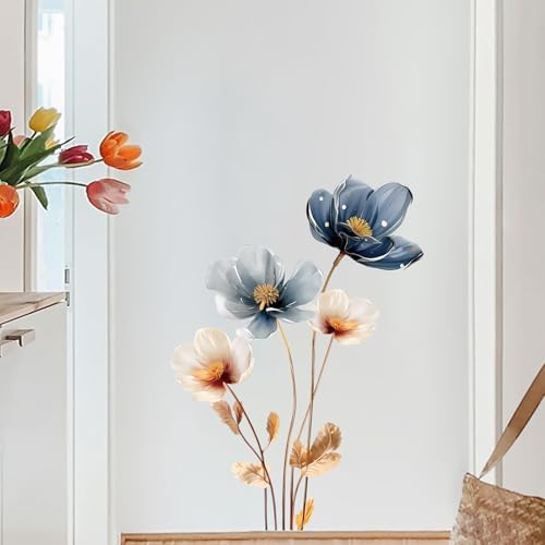 Gold Leaf Blue Flower Wall Decal for Home Decor