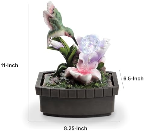 Benjara 11 Inch Hummingbird Tabletop Fountain with LED Light