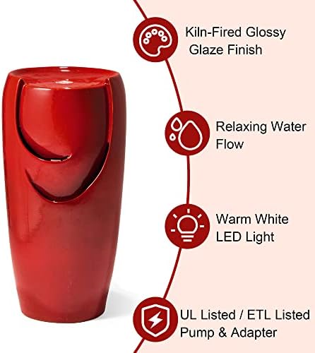 Glitzhome Oversized Ceramic Fountain with LED Light and Pump Red