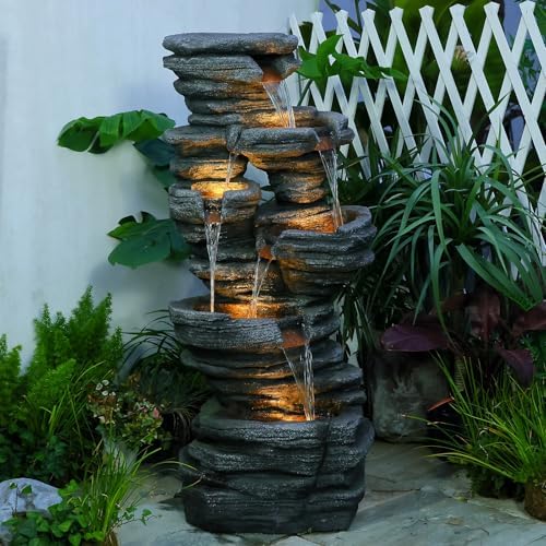 425 Inch H Garden Water Fountain with LED Lights and Pump