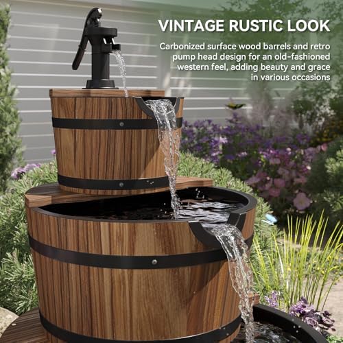 Aoxun 3-Tier Wood Barrel Water Fountain with Electric Pump
