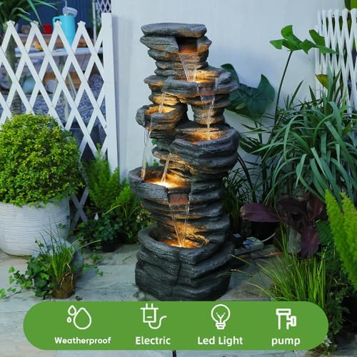 425 Inch H Garden Water Fountain with LED Lights and Pump
