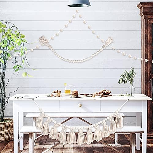 3 Piece Boho Tassel Garland with Wood Beads and Pom Poms
