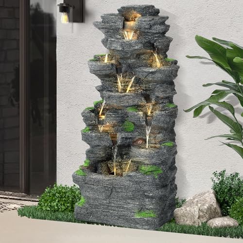 40 H 10-Tier Cascading Rock Water Fountain with LED Lights