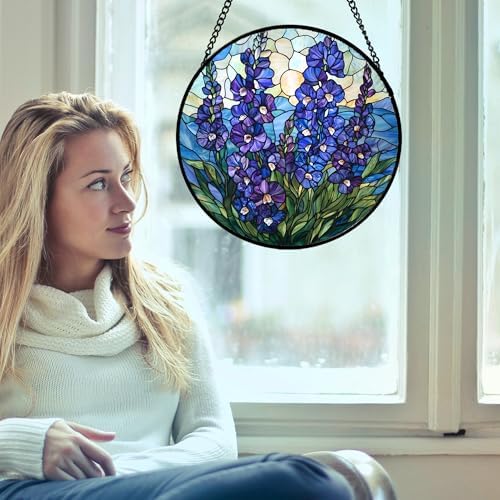 Blue Delphinium Stained Glass Window Suncatcher Hanging