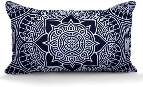 Navy White Print Throw Pillow with Water Resistant Cover