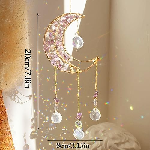 Crystal Moon Suncatcher with Rainbow Colors Amethyst