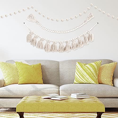 3 Piece Boho Tassel Garland with Wood Beads and Pom Poms