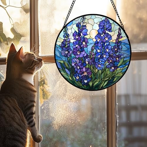 Blue Delphinium Stained Glass Window Suncatcher Hanging
