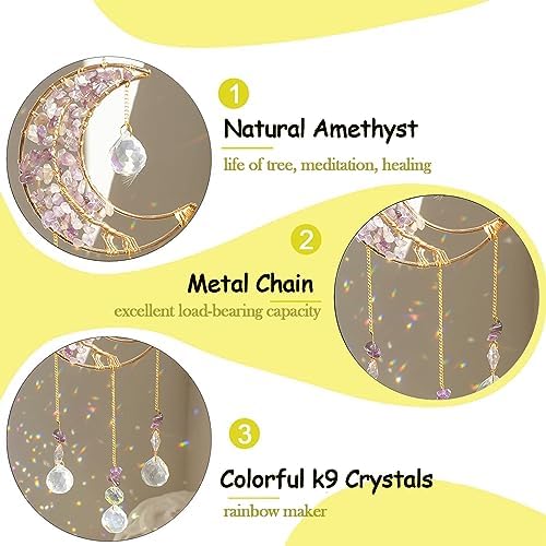 Crystal Moon Suncatcher with Rainbow Colors Amethyst