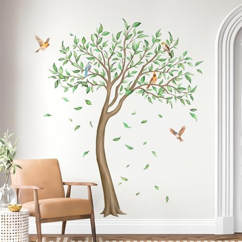 Large Green Tree Wall Decals with Falling Leaves Birds