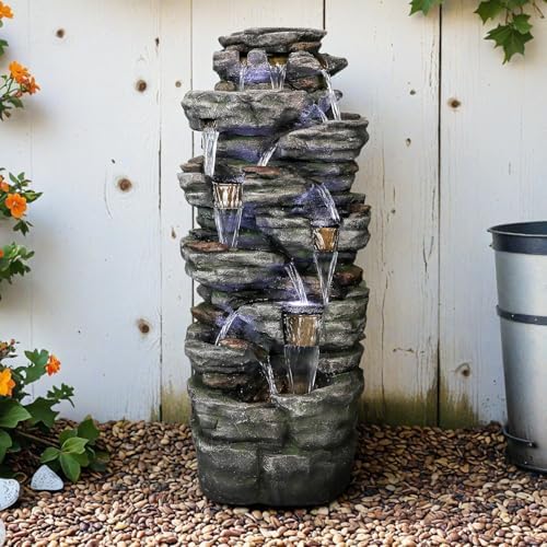 SunJet 472 Inch Multi-Tier Rock Water Fountain with LED Lights