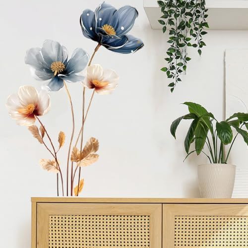 Gold Leaf Blue Flower Wall Decal for Home Decor
