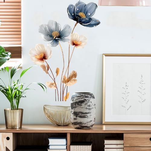 Gold Leaf Blue Flower Wall Decal for Home Decor